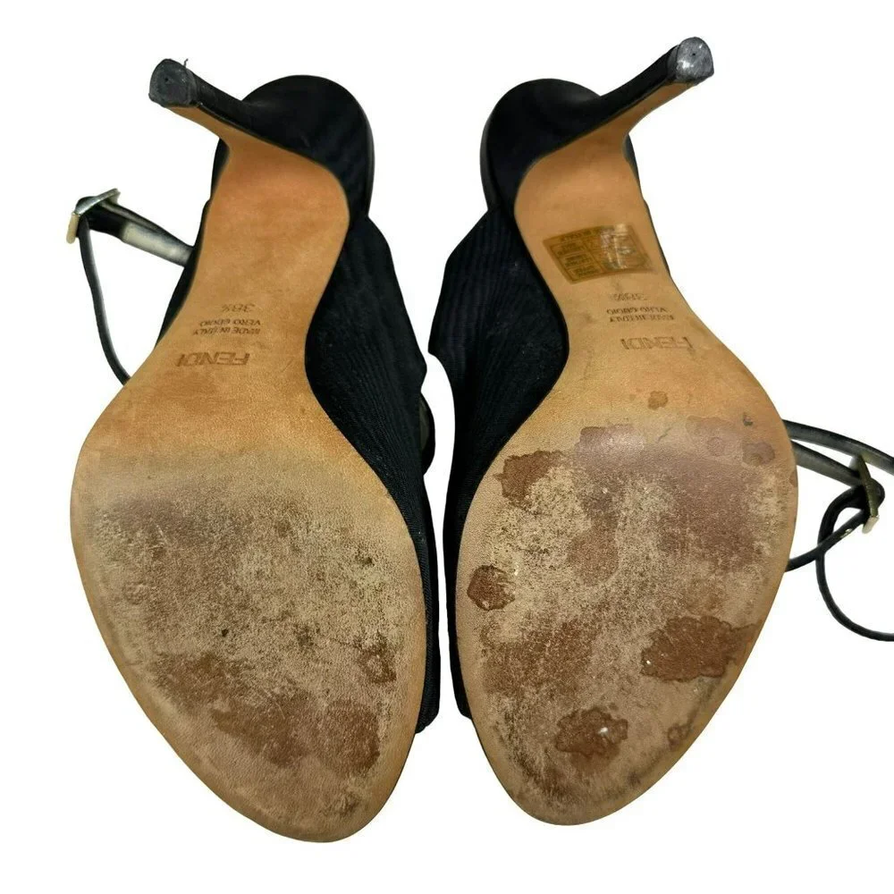 Fendi Designer Shoes Black Satin Open Toes Sandals 38.5 /‎ 7.5